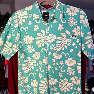 VANS Turquoise & White 100% Cotton Hawaiian Short-Sleeve Button-Up SZ XL